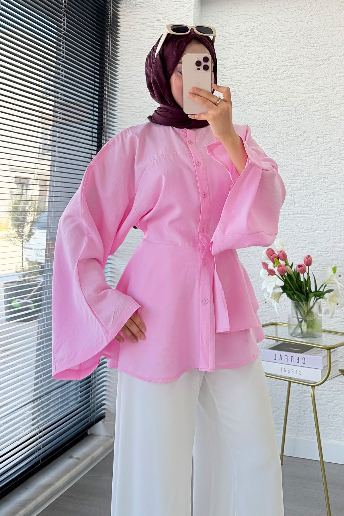 Etek Volanlı Arkadan Bağlamalı Modal Tunik - Pembe