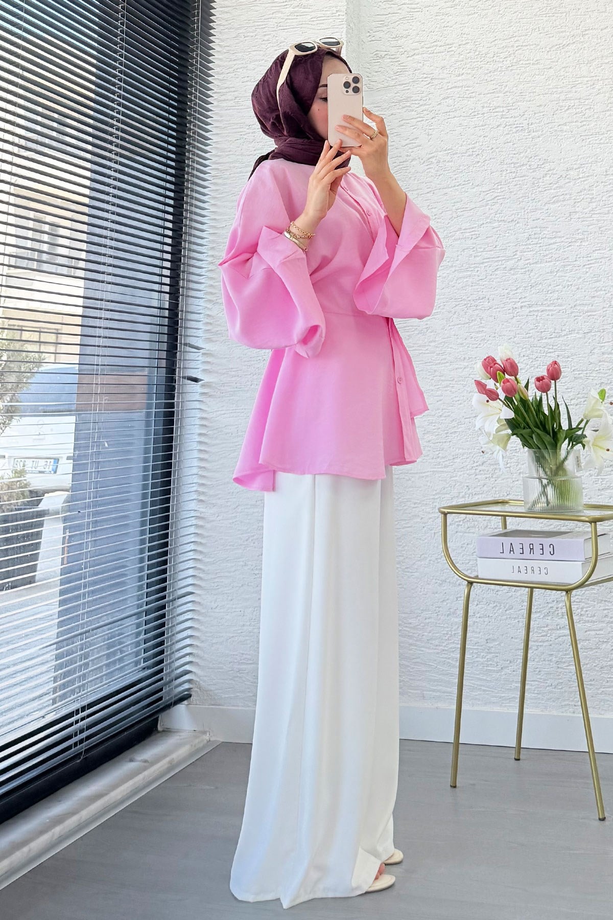 Etek Volanlı Arkadan Bağlamalı Modal Tunik - Pembe