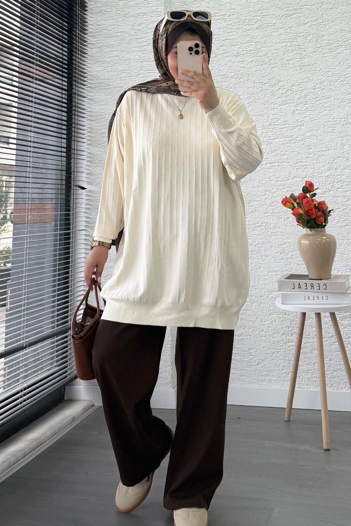 Fitilli Merserize Oversize Kadın Kazak - Ekru