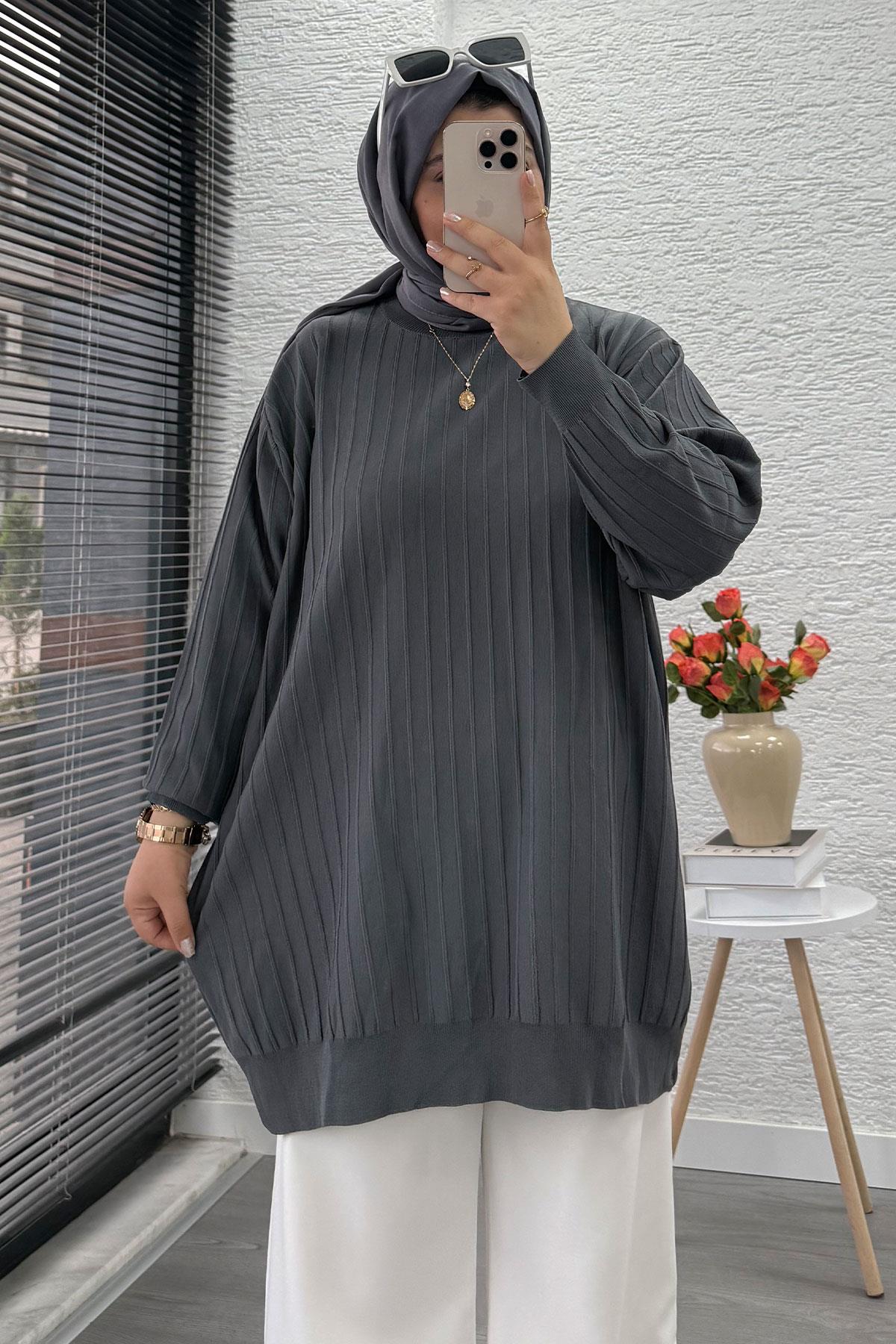 Fitilli Merserize Oversize Kadın Kazak - Füme