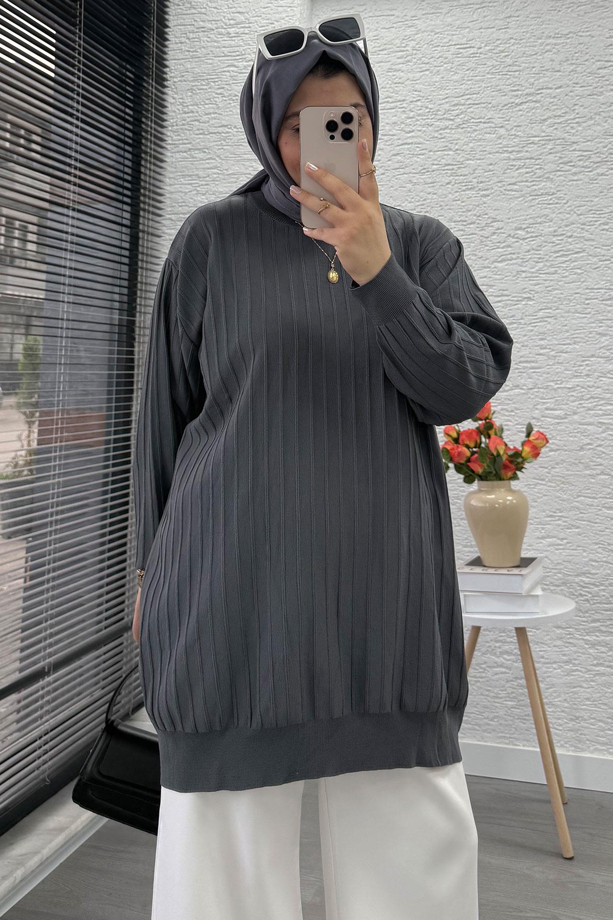 Fitilli Merserize Oversize Kadın Kazak - Füme