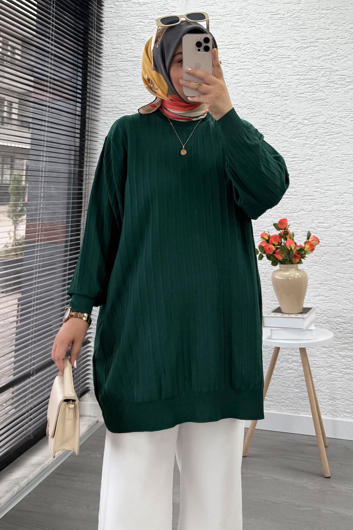 Fitilli Merserize Oversize Kadın Kazak - Zümrüt