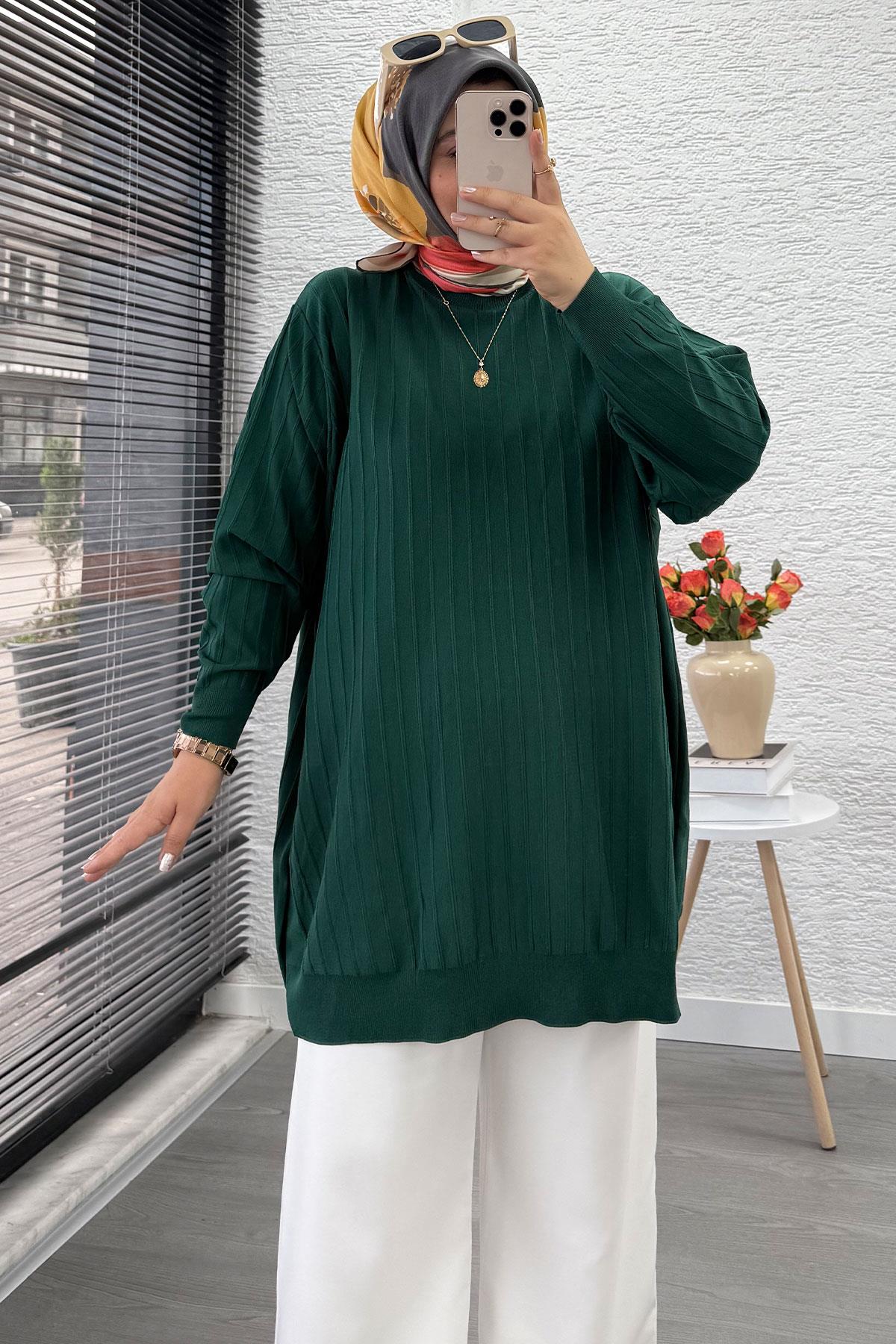 Fitilli Merserize Oversize Kadın Kazak - Zümrüt