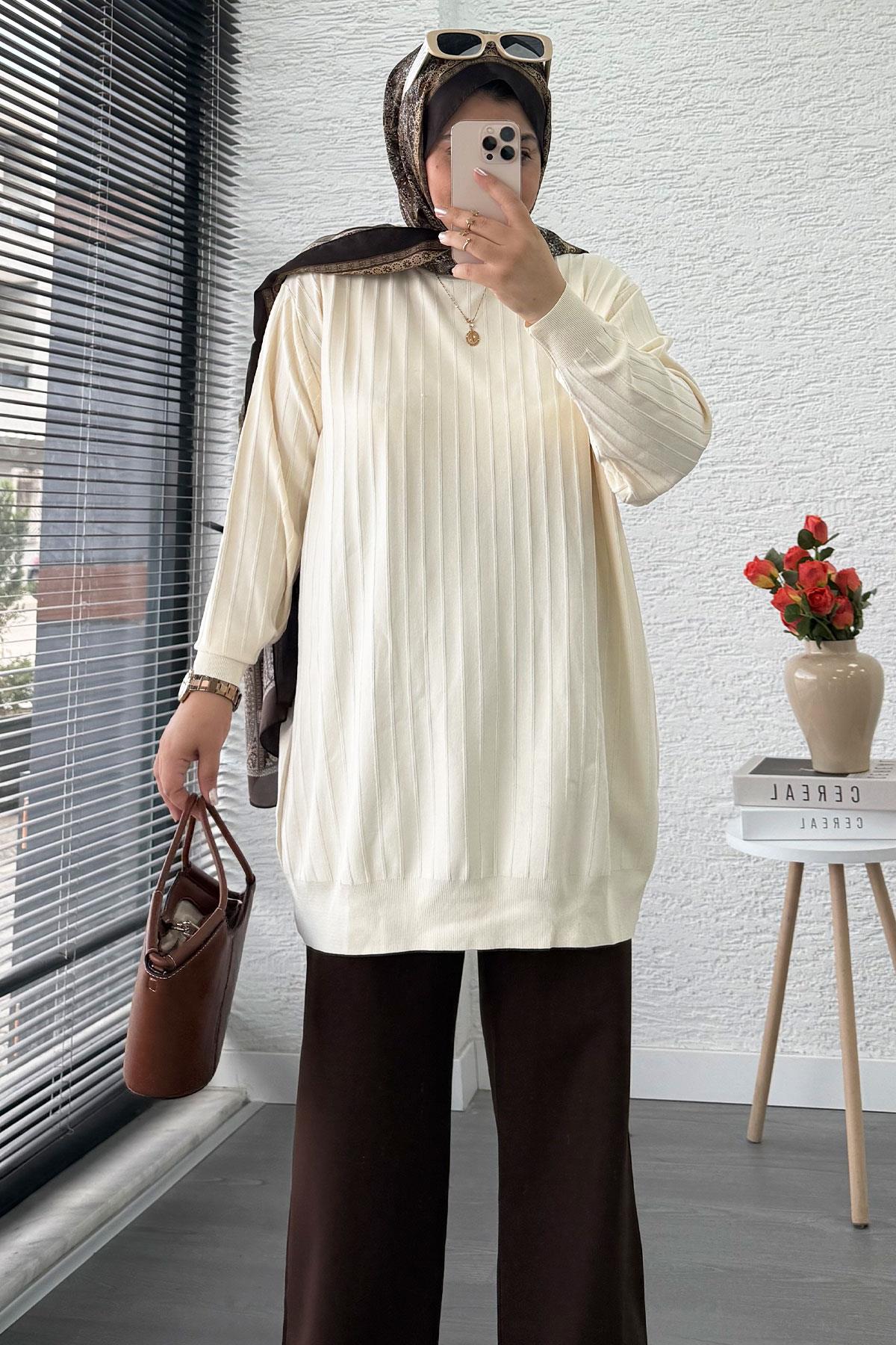 Fitilli Merserize Oversize Kadın Kazak - Ekru