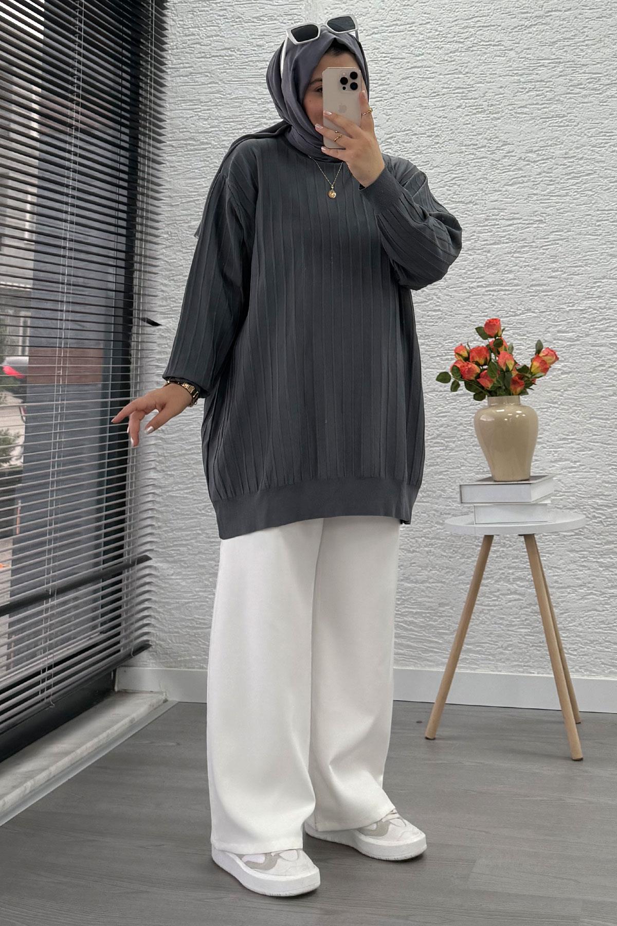 Fitilli Merserize Oversize Kadın Kazak - Füme