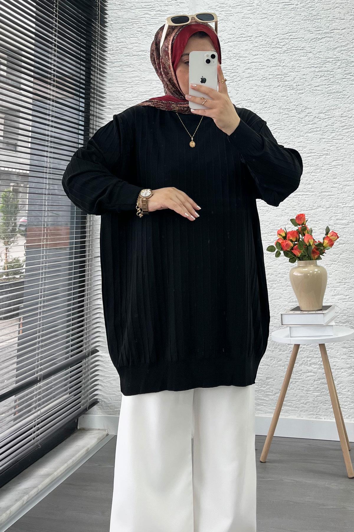 Fitilli Merserize Oversize Kadın Kazak - Siyah