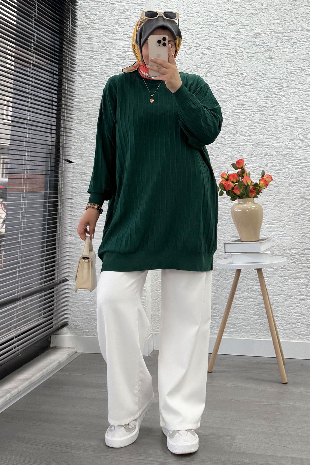 Fitilli Merserize Oversize Kadın Kazak - Zümrüt