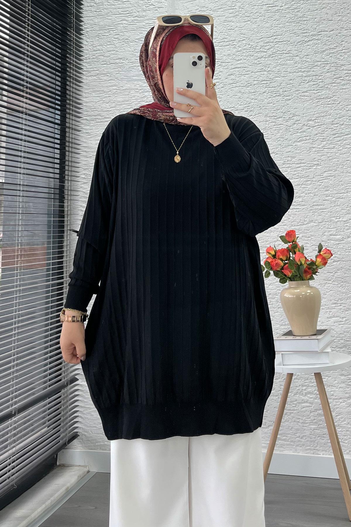 Fitilli Merserize Oversize Kadın Kazak - Siyah