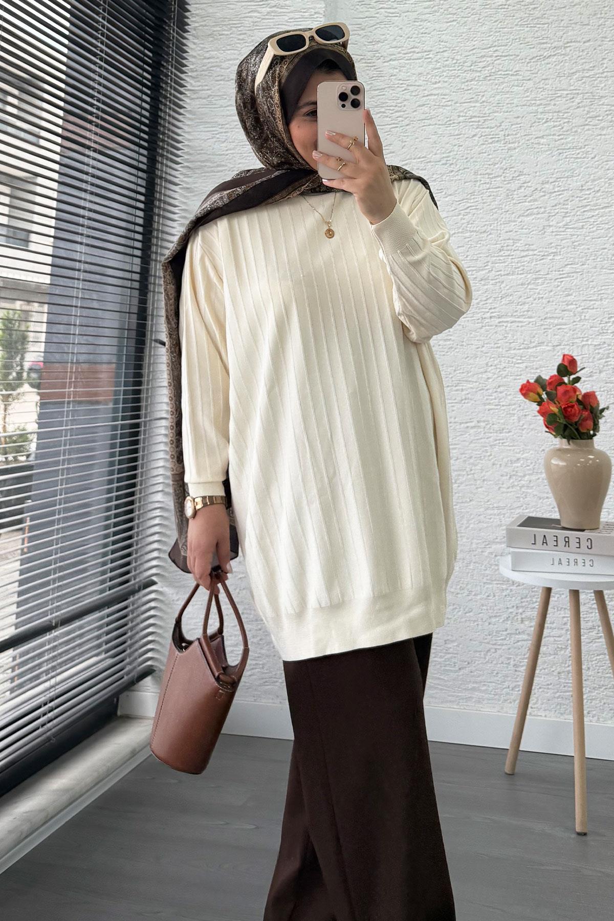 Fitilli Merserize Oversize Kadın Kazak - Ekru