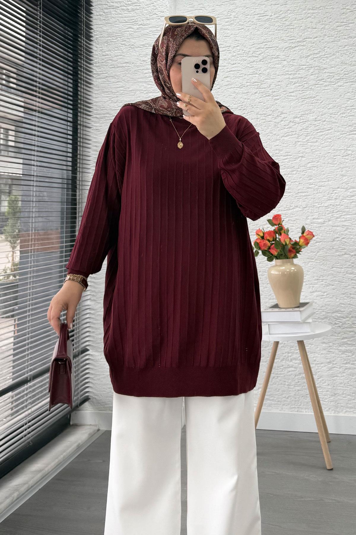 Fitilli Merserize Oversize Kadın Kazak - Bordo