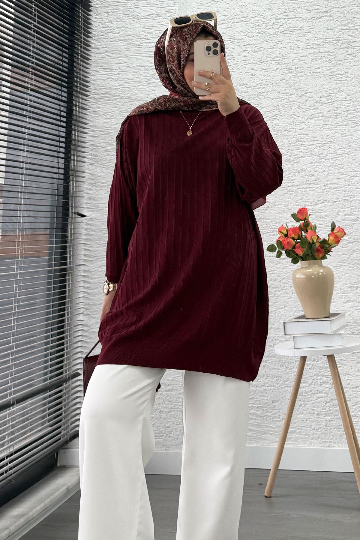 Fitilli Merserize Oversize Kadın Kazak - Bordo