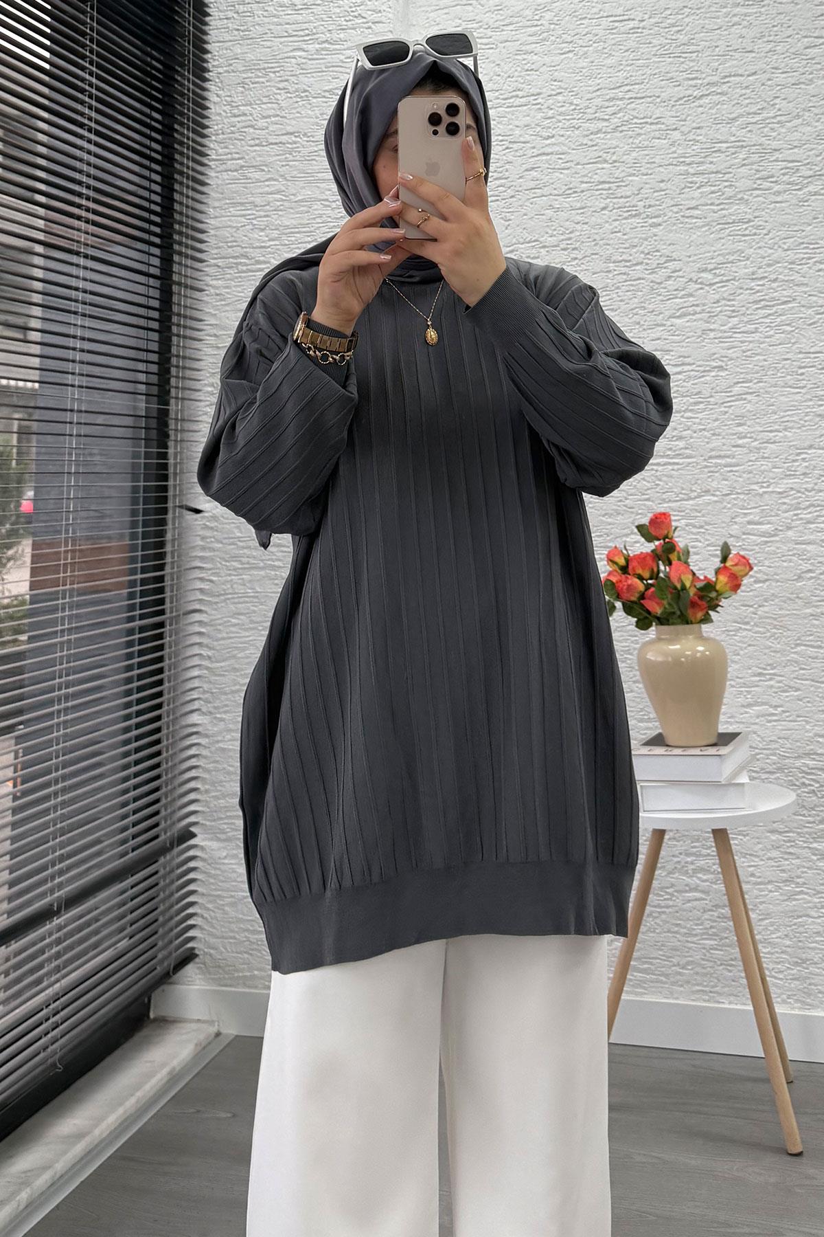 Fitilli Merserize Oversize Kadın Kazak - Füme