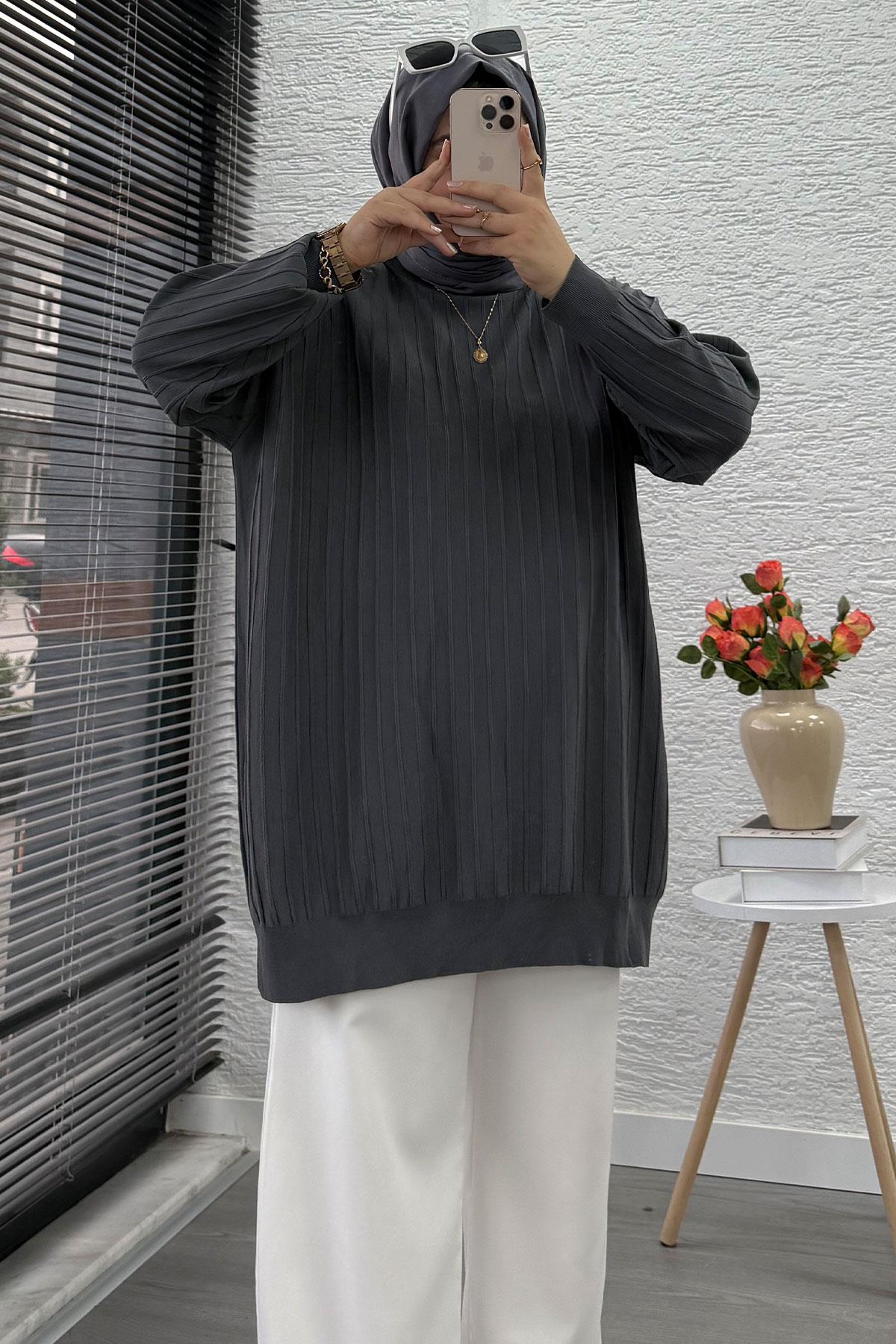 Fitilli Merserize Oversize Kadın Kazak - Füme