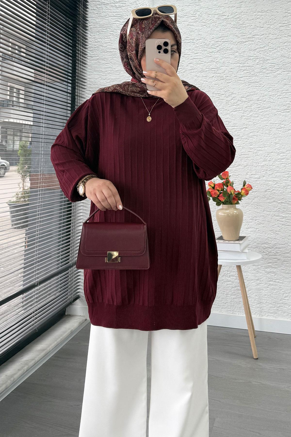 Fitilli Merserize Oversize Kadın Kazak - Bordo