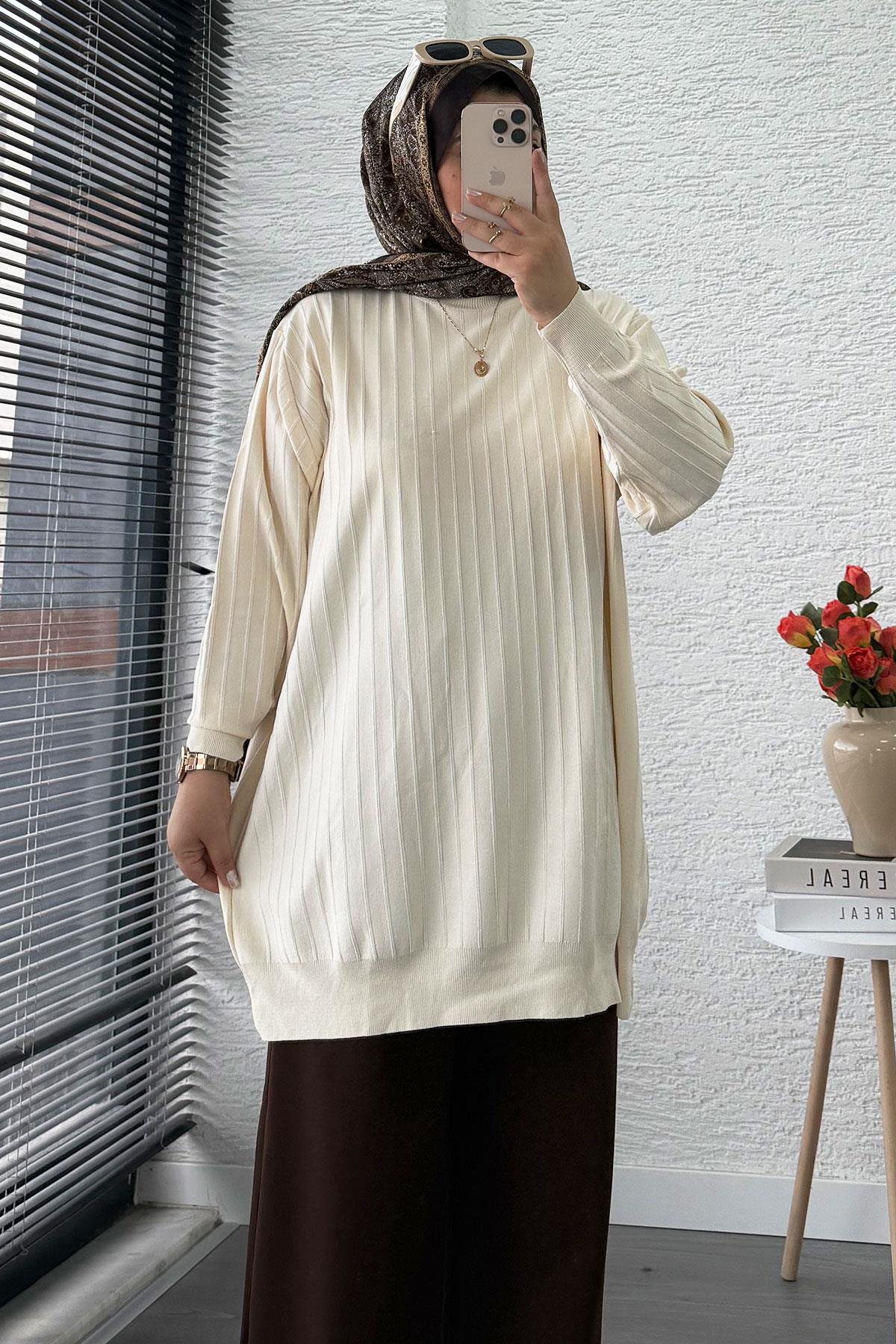 Fitilli Merserize Oversize Kadın Kazak - Ekru