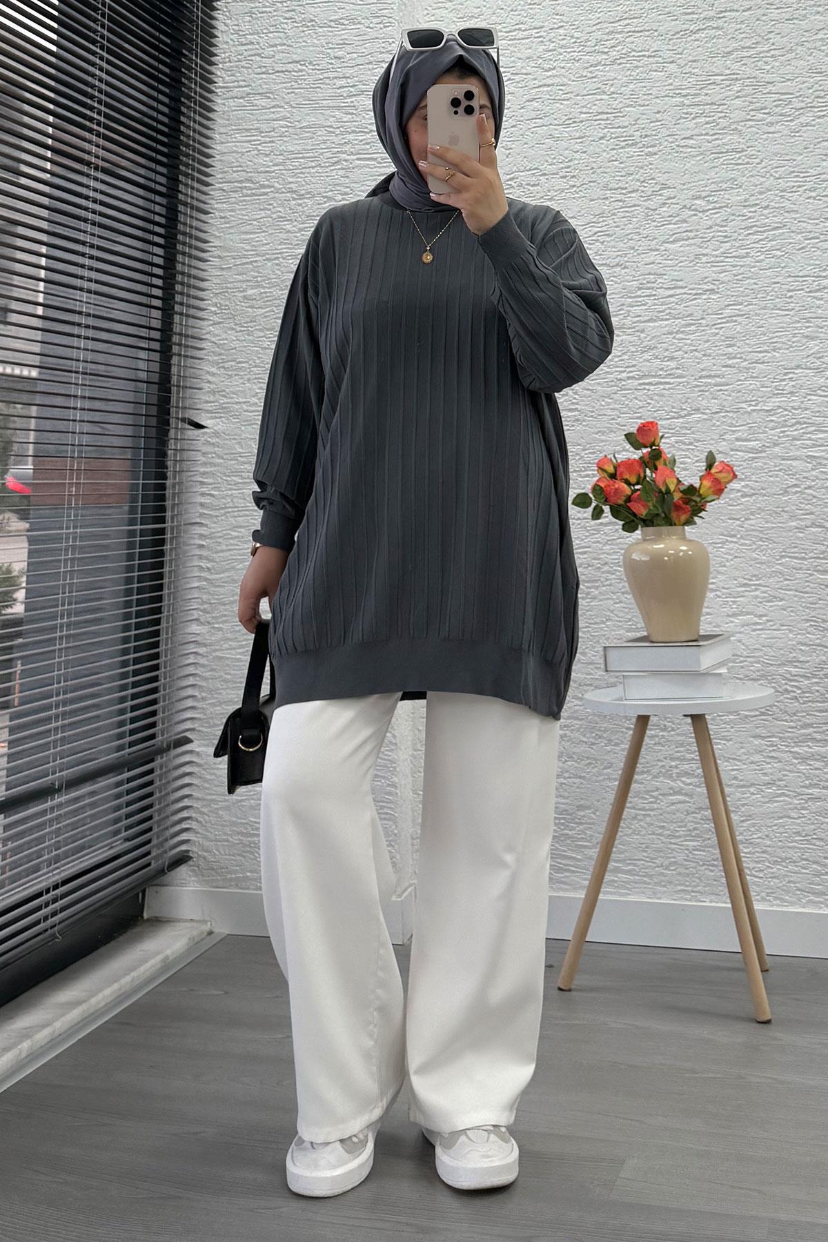 Fitilli Merserize Oversize Kadın Kazak - Füme
