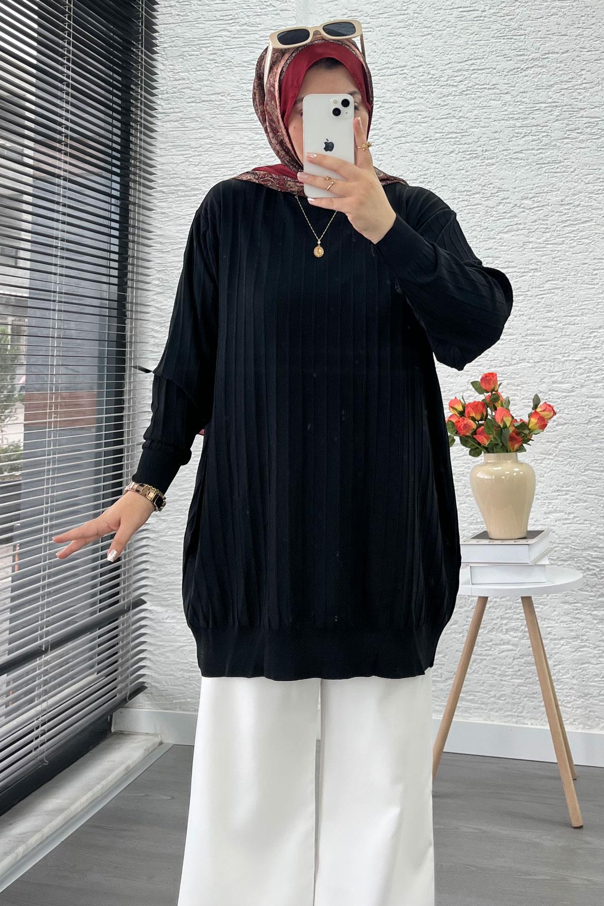 Fitilli Merserize Oversize Kadın Kazak - Siyah