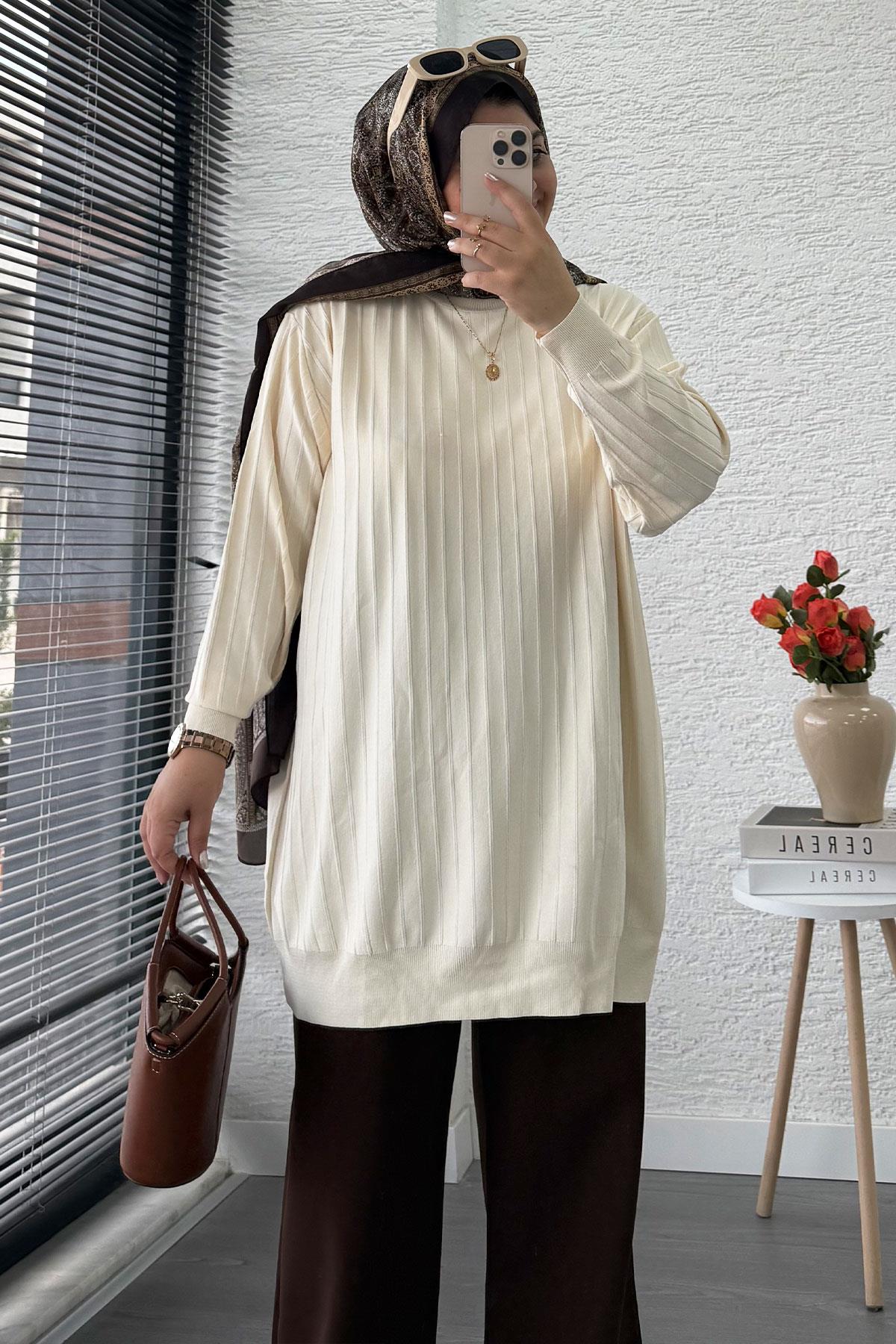 Fitilli Merserize Oversize Kadın Kazak - Ekru