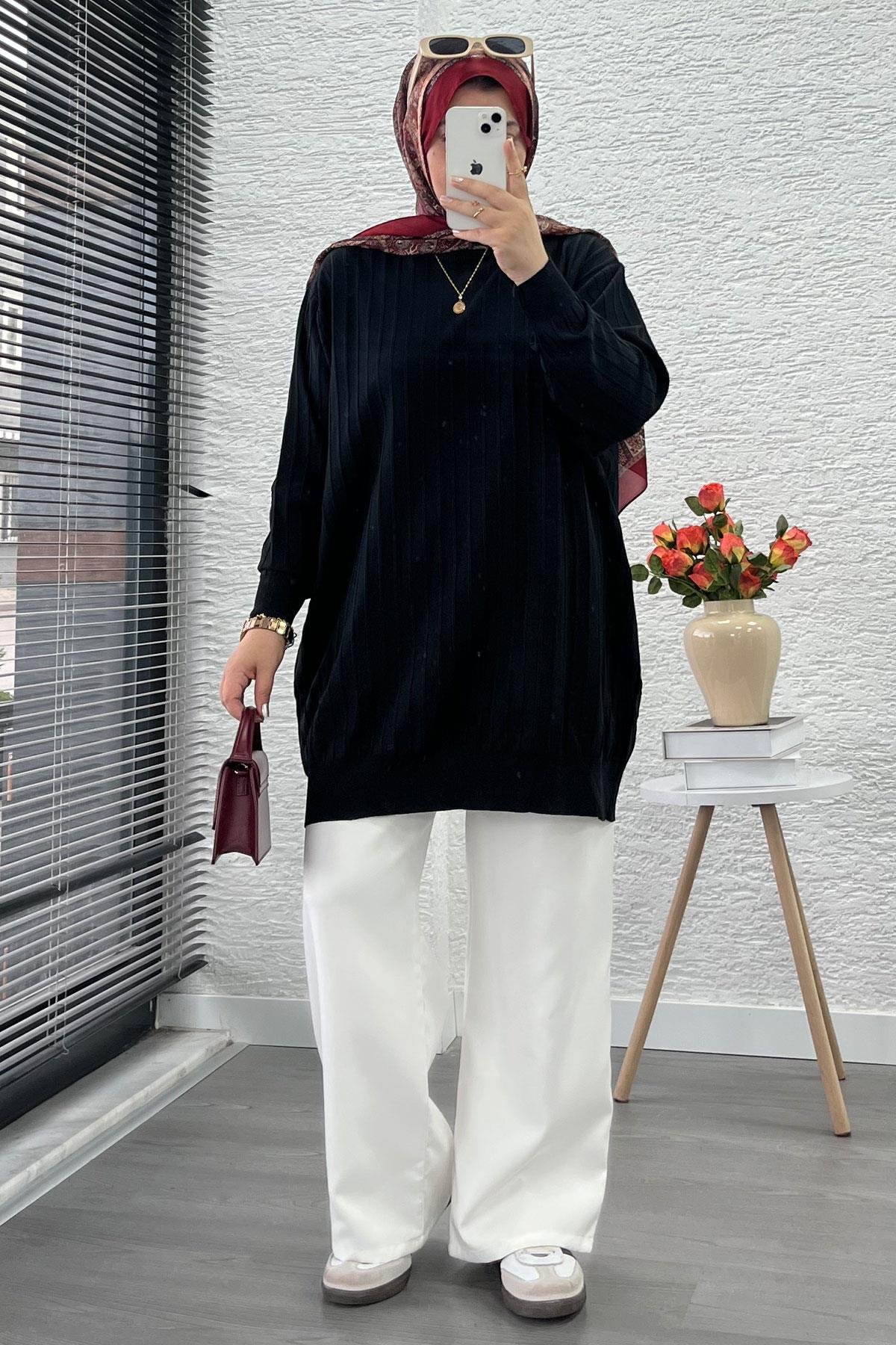 Fitilli Merserize Oversize Kadın Kazak - Siyah