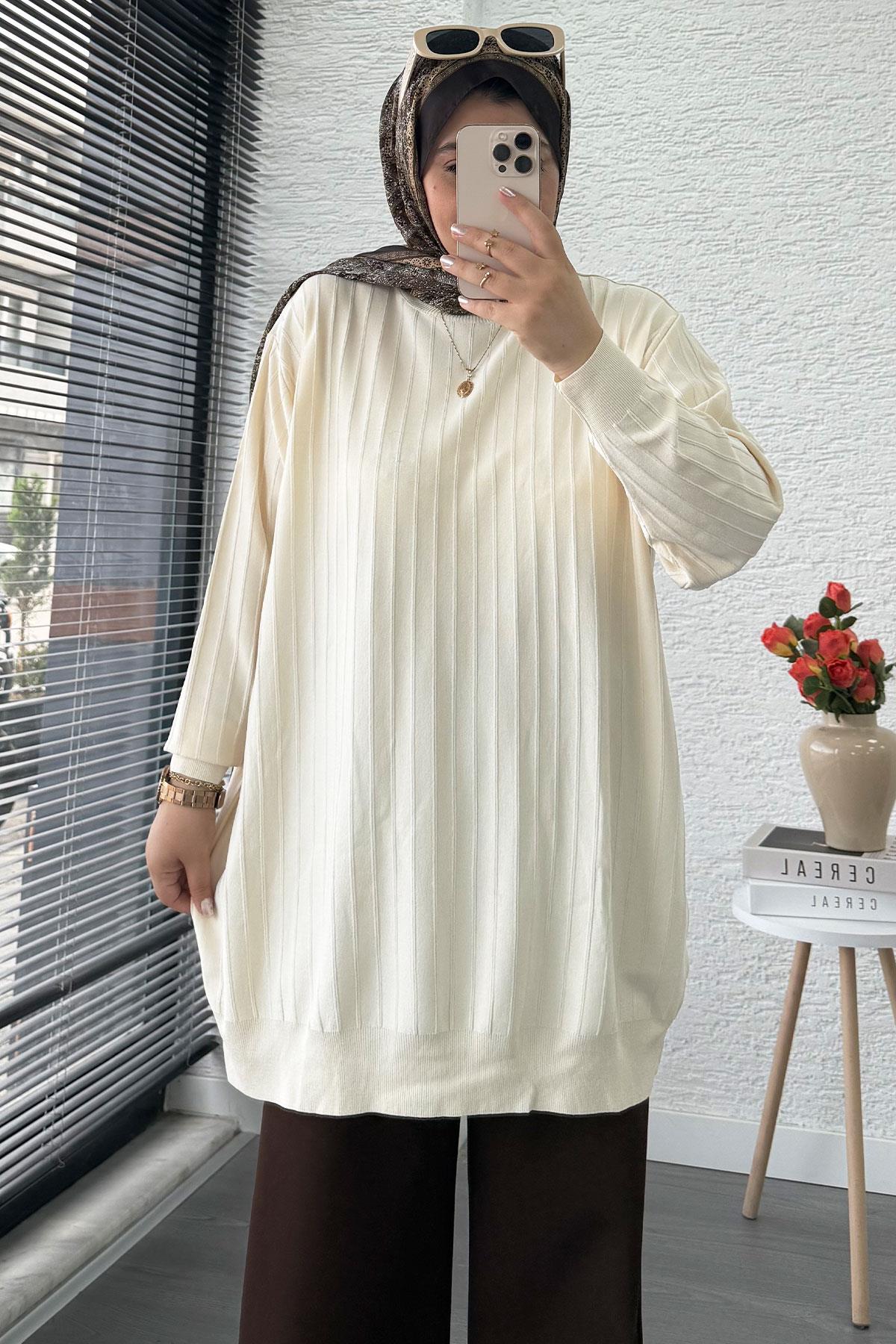 Fitilli Merserize Oversize Kadın Kazak - Ekru