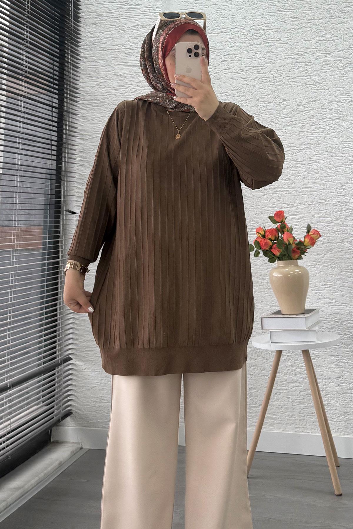 Fitilli Merserize Oversize Kadın Kazak - Kahverengi