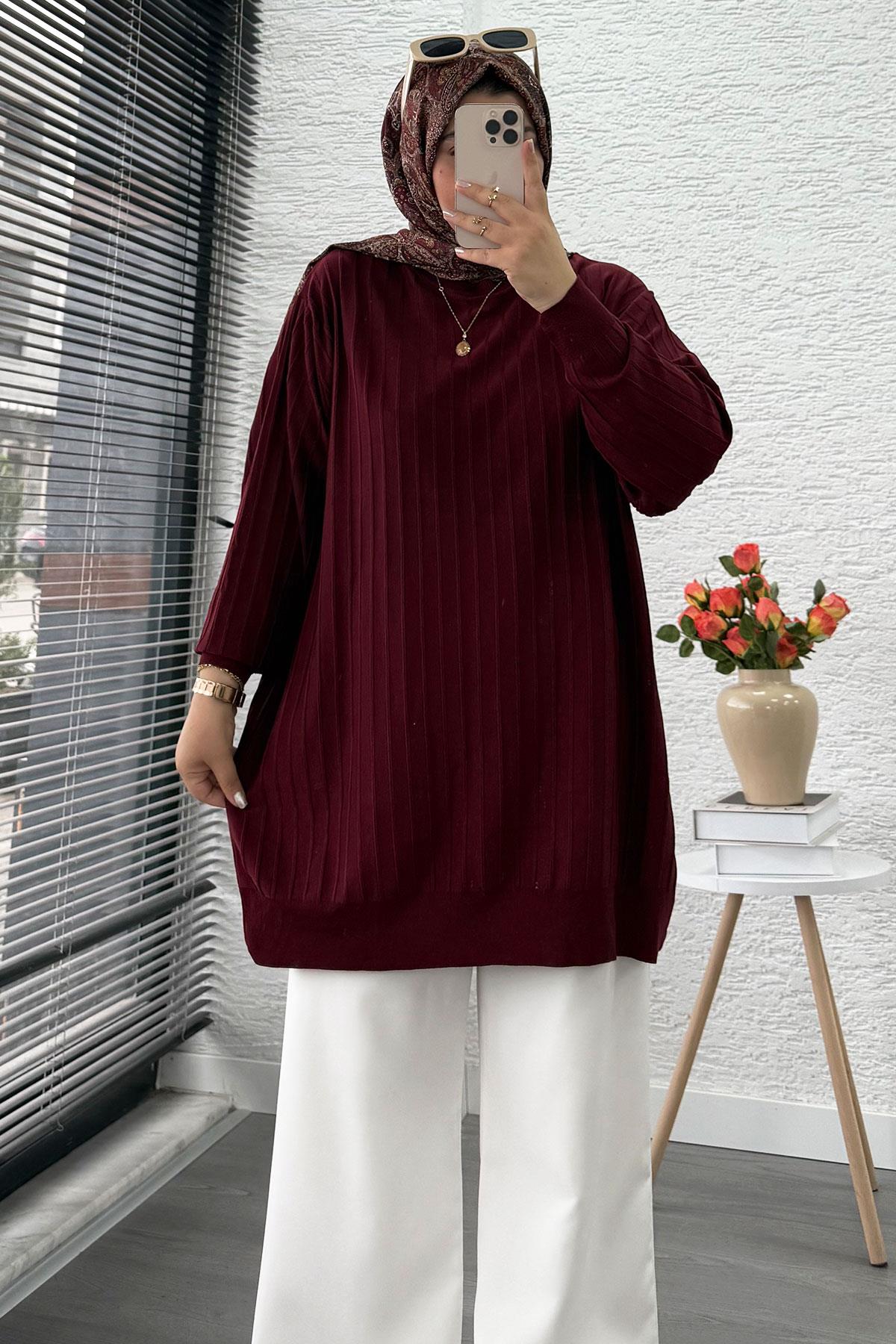 Fitilli Merserize Oversize Kadın Kazak - Bordo