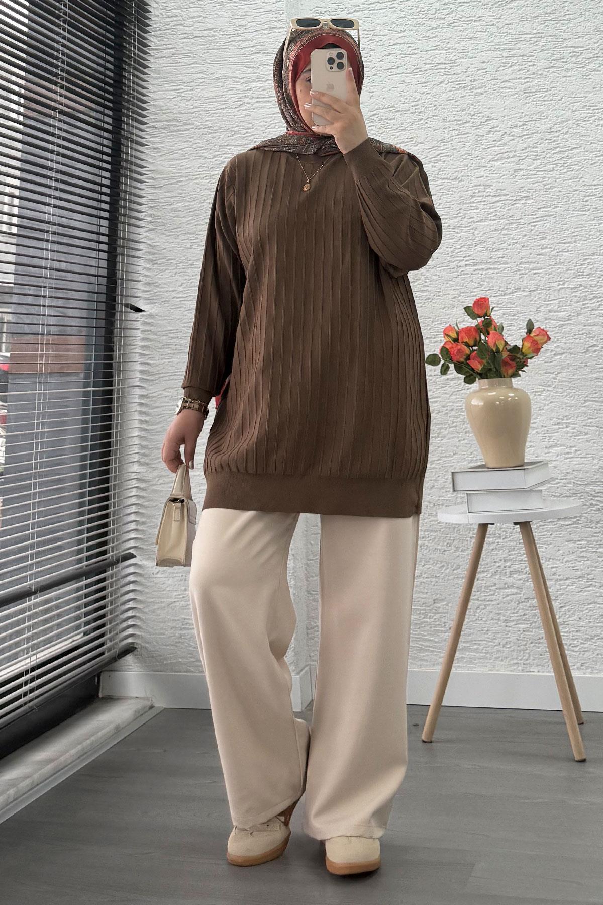 Fitilli Merserize Oversize Kadın Kazak - Kahverengi