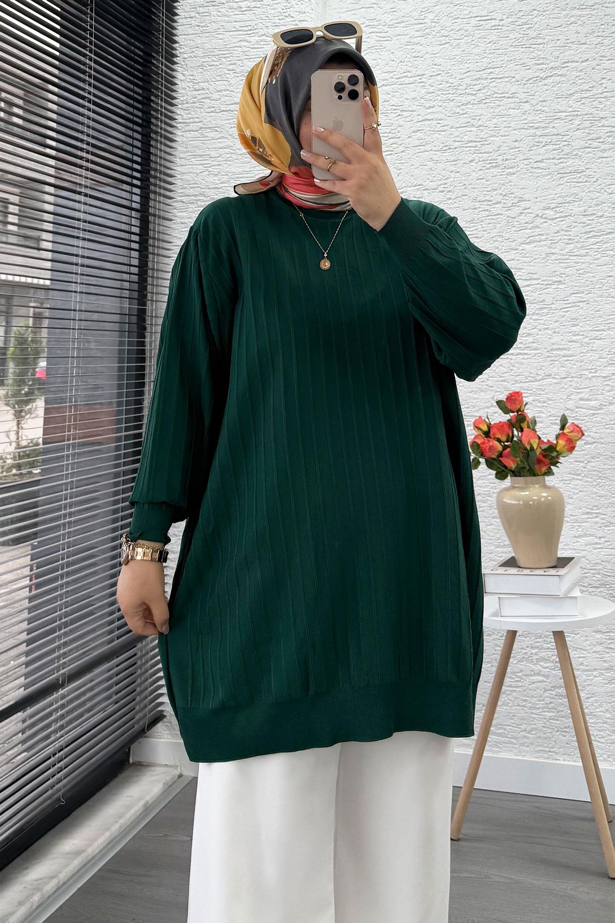 Fitilli Merserize Oversize Kadın Kazak - Zümrüt