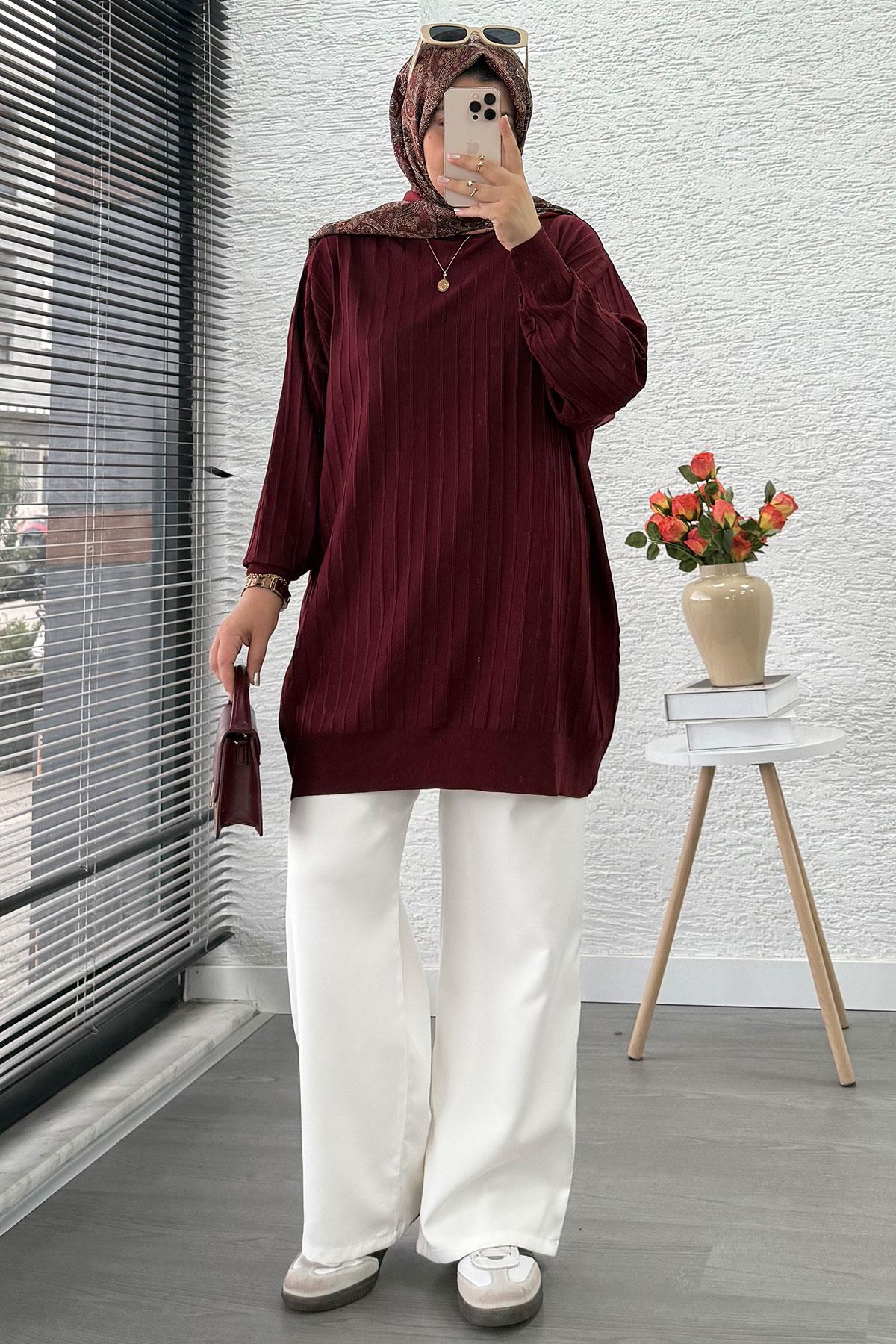 Fitilli Merserize Oversize Kadın Kazak - Bordo