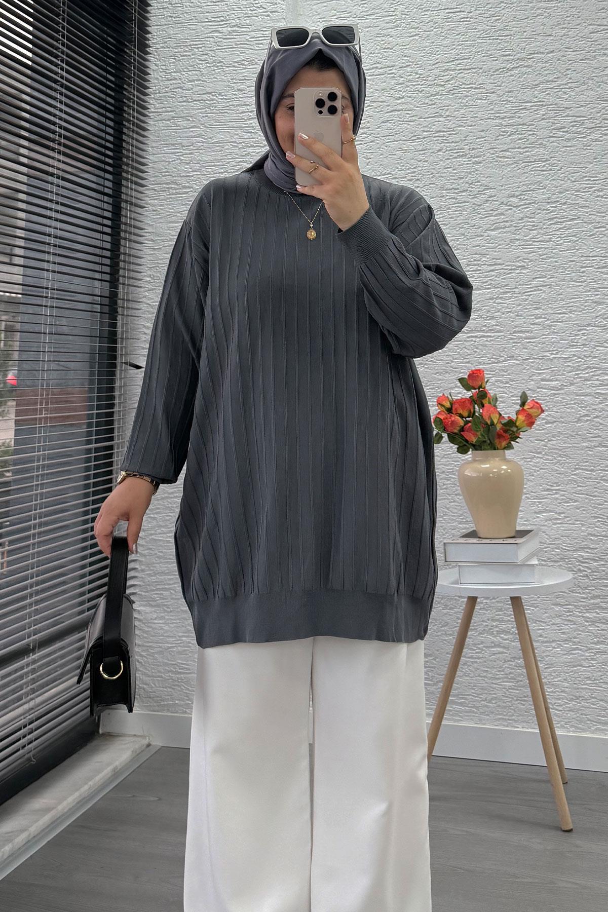 Fitilli Merserize Oversize Kadın Kazak - Füme