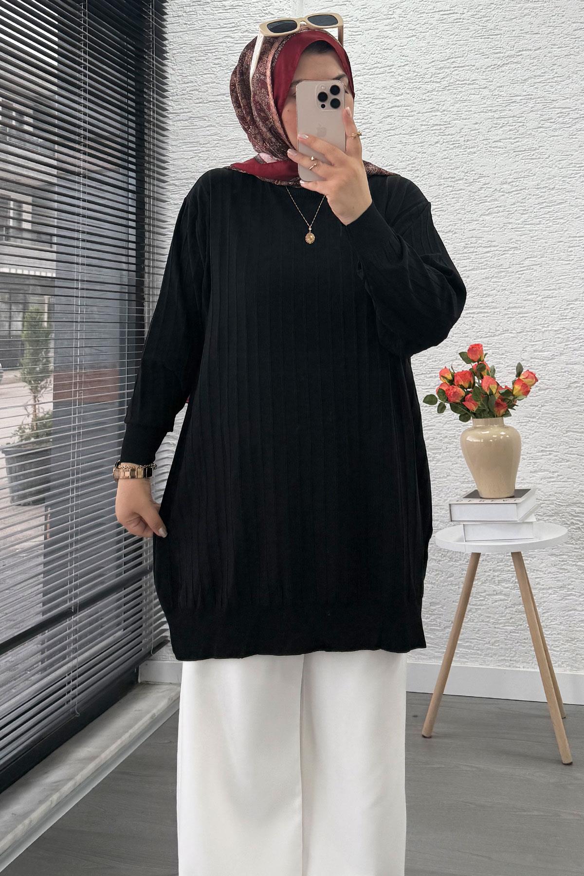 Fitilli Merserize Oversize Kadın Kazak - Siyah