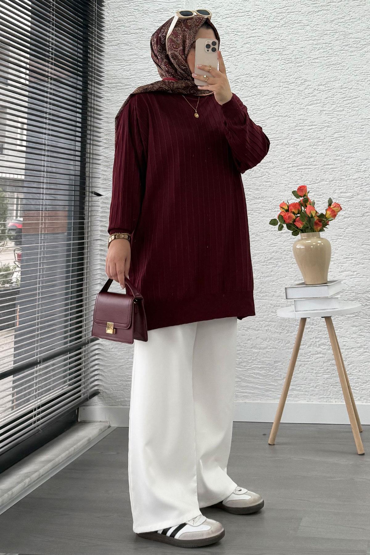 Fitilli Merserize Oversize Kadın Kazak - Bordo