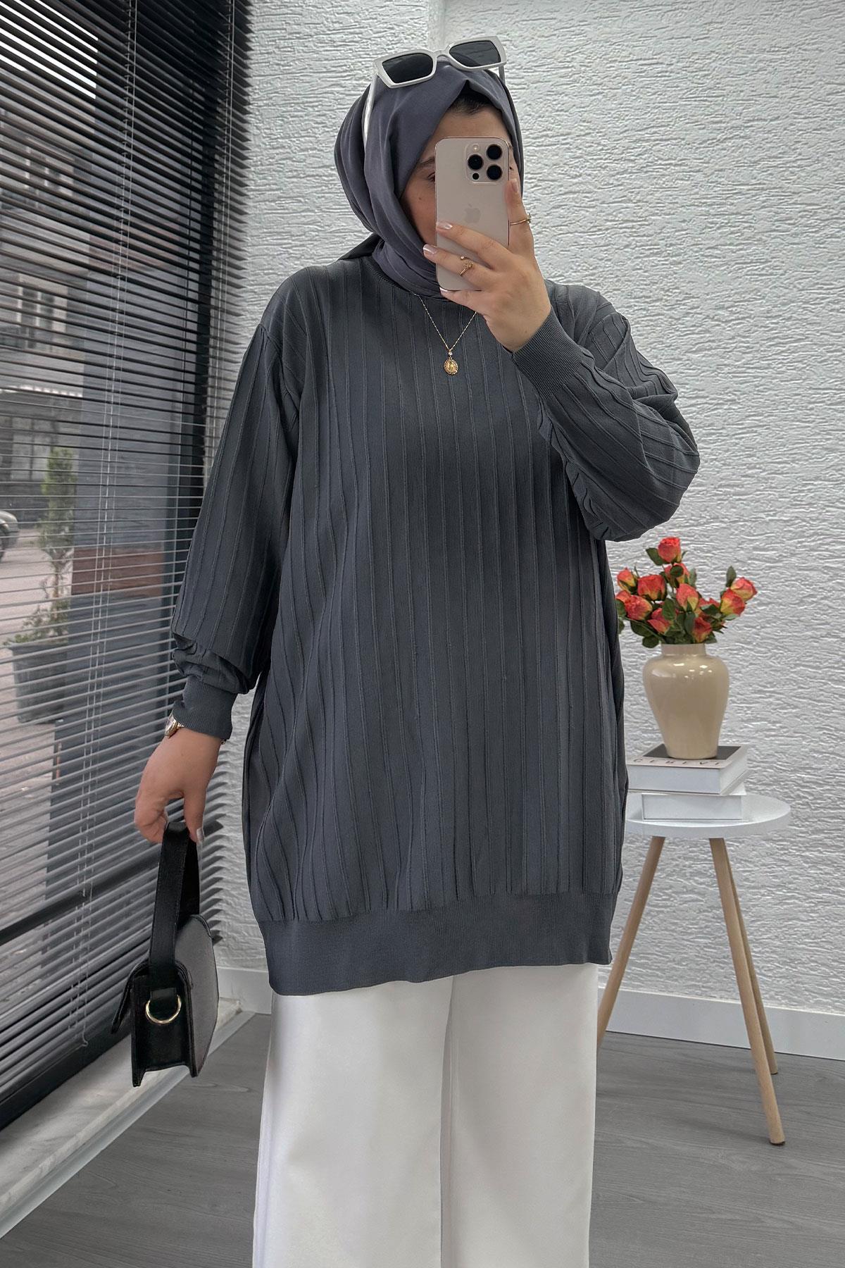 Fitilli Merserize Oversize Kadın Kazak - Füme