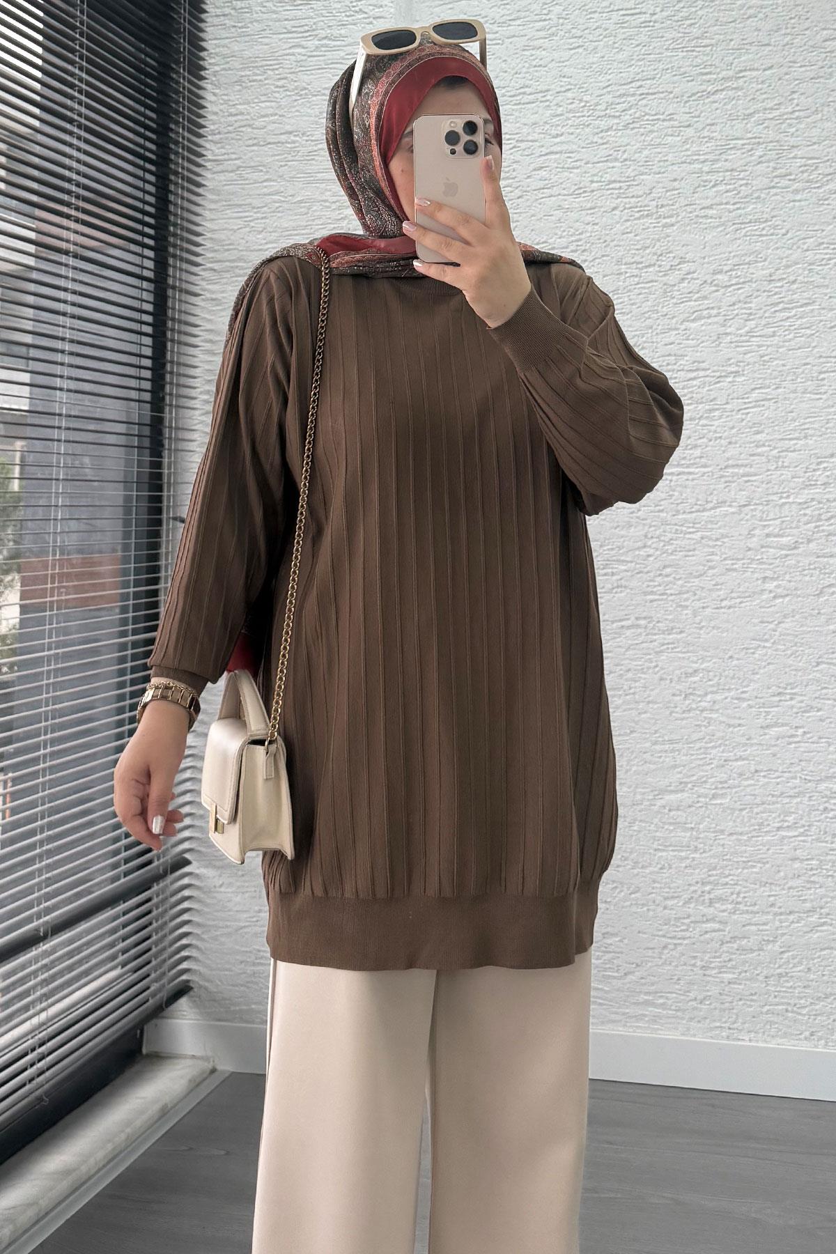 Fitilli Merserize Oversize Kadın Kazak - Kahverengi