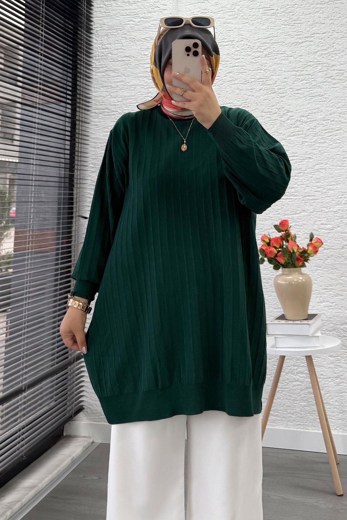 Fitilli Merserize Oversize Kadın Kazak - Zümrüt