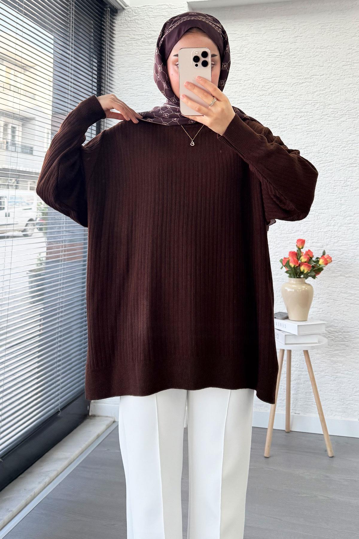 Fitilli Oversize Kadın Kazak - Kahverengi