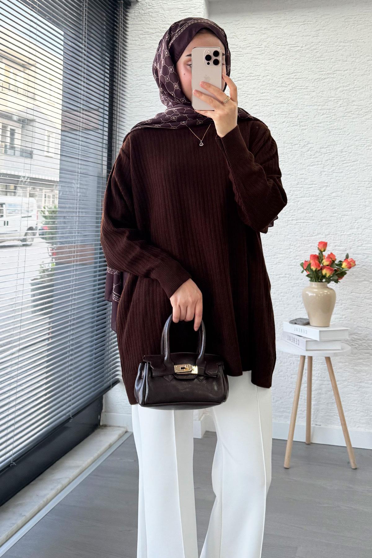 Fitilli Oversize Kadın Kazak - Kahverengi