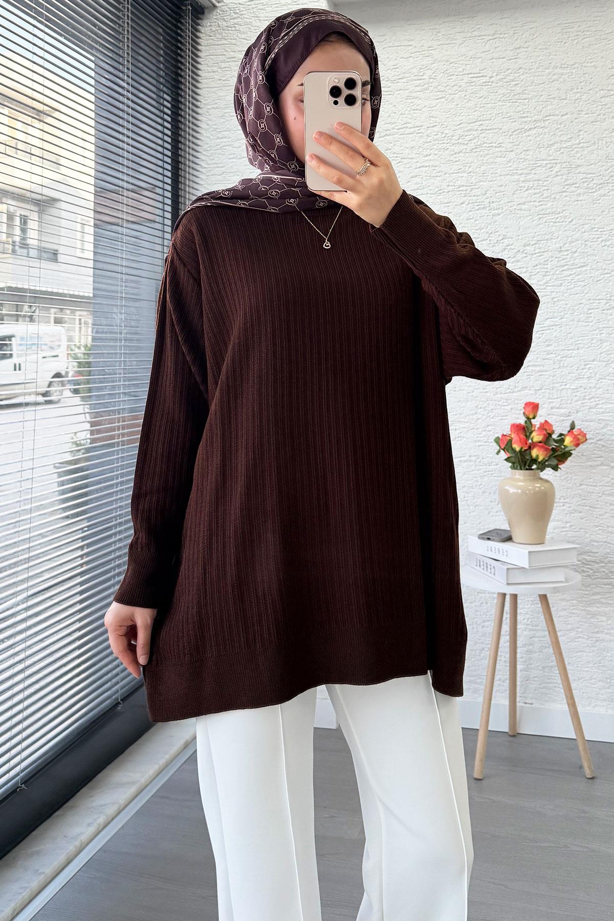 Fitilli Oversize Kadın Kazak - Kahverengi