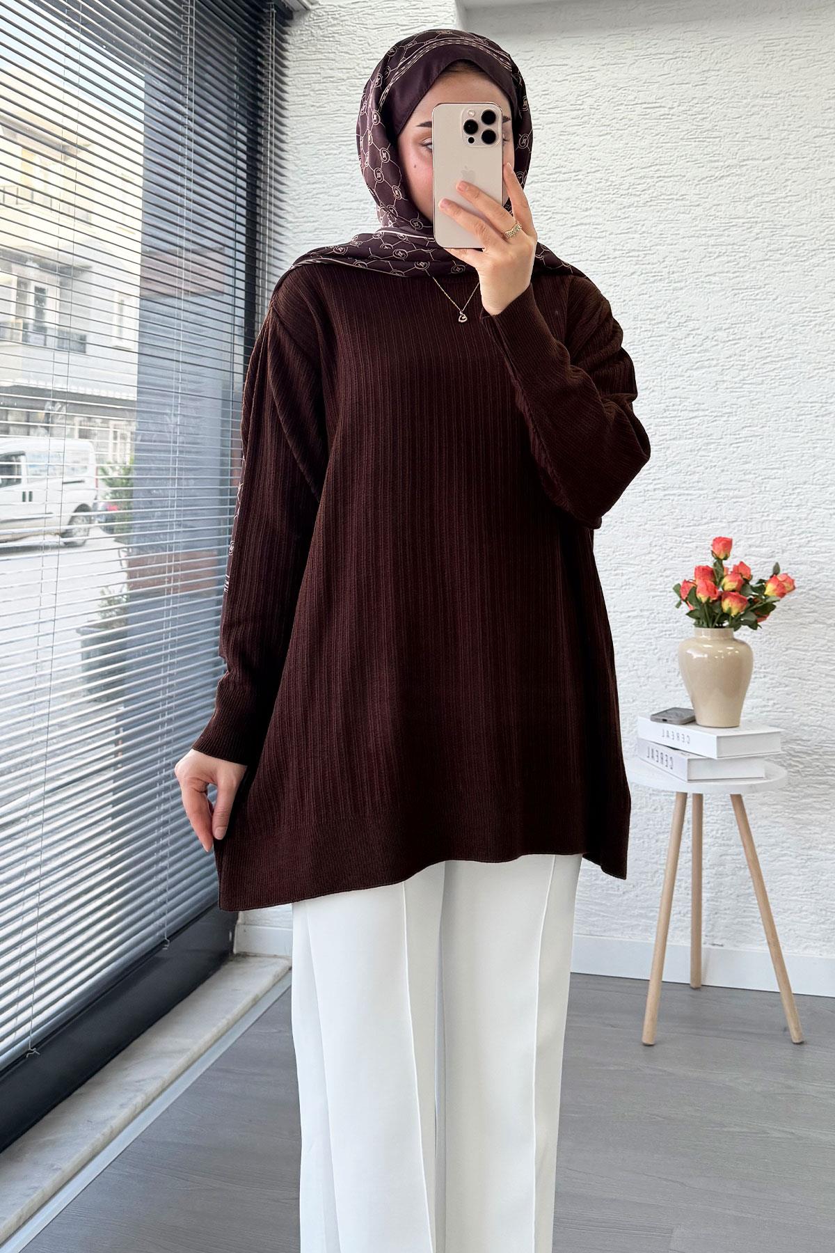Fitilli Oversize Kadın Kazak - Kahverengi