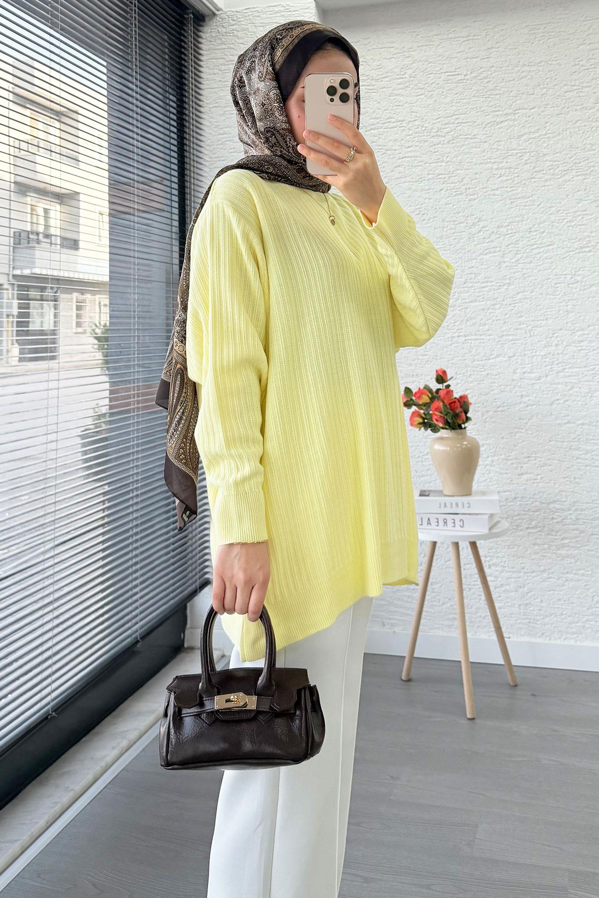 Fitilli Oversize Kadın Kazak - Sarı