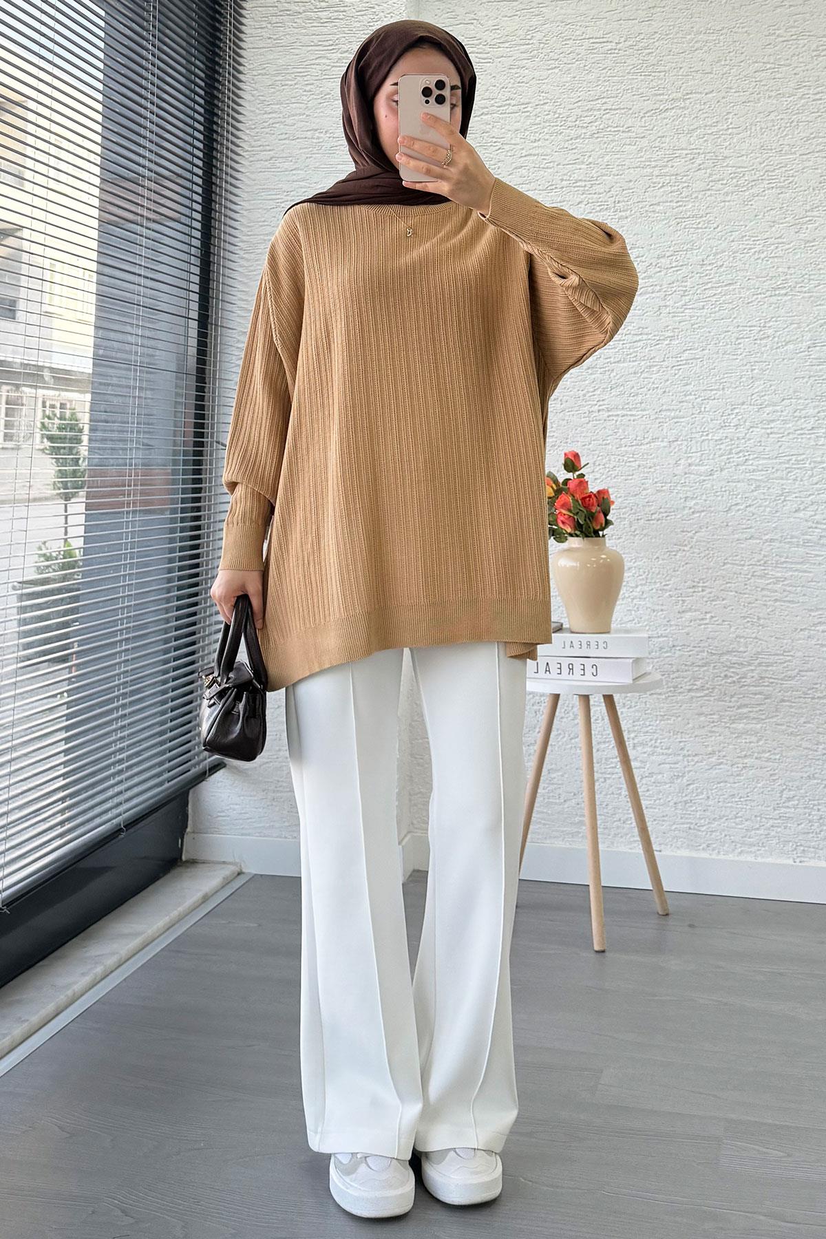 Fitilli Oversize Kadın Kazak - Sütlü Kahve