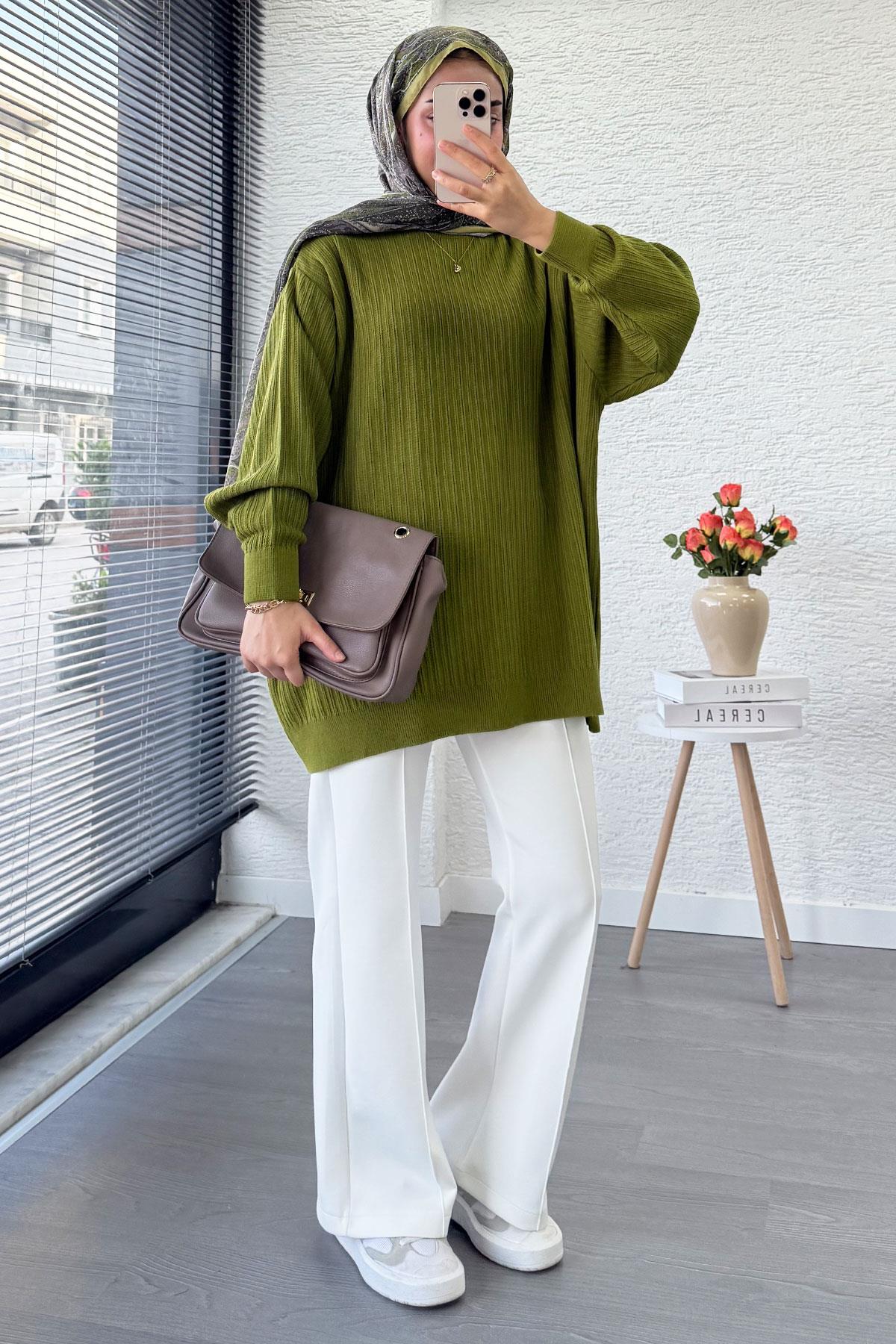 Fitilli Oversize Kadın Kazak -Yağ Yeşili 