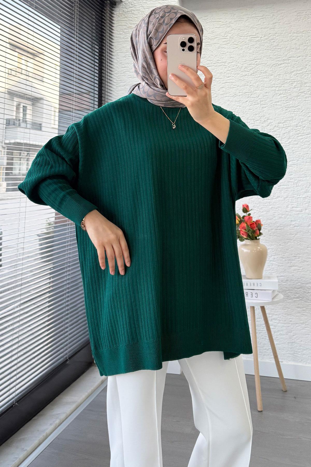 Fitilli Oversize Kadın Kazak - Zümrüt