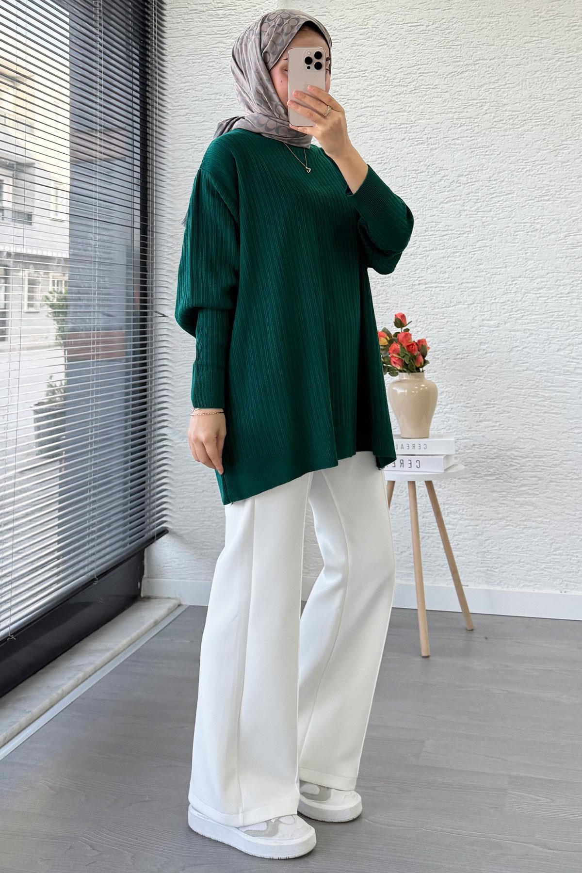 Fitilli Oversize Kadın Kazak - Zümrüt
