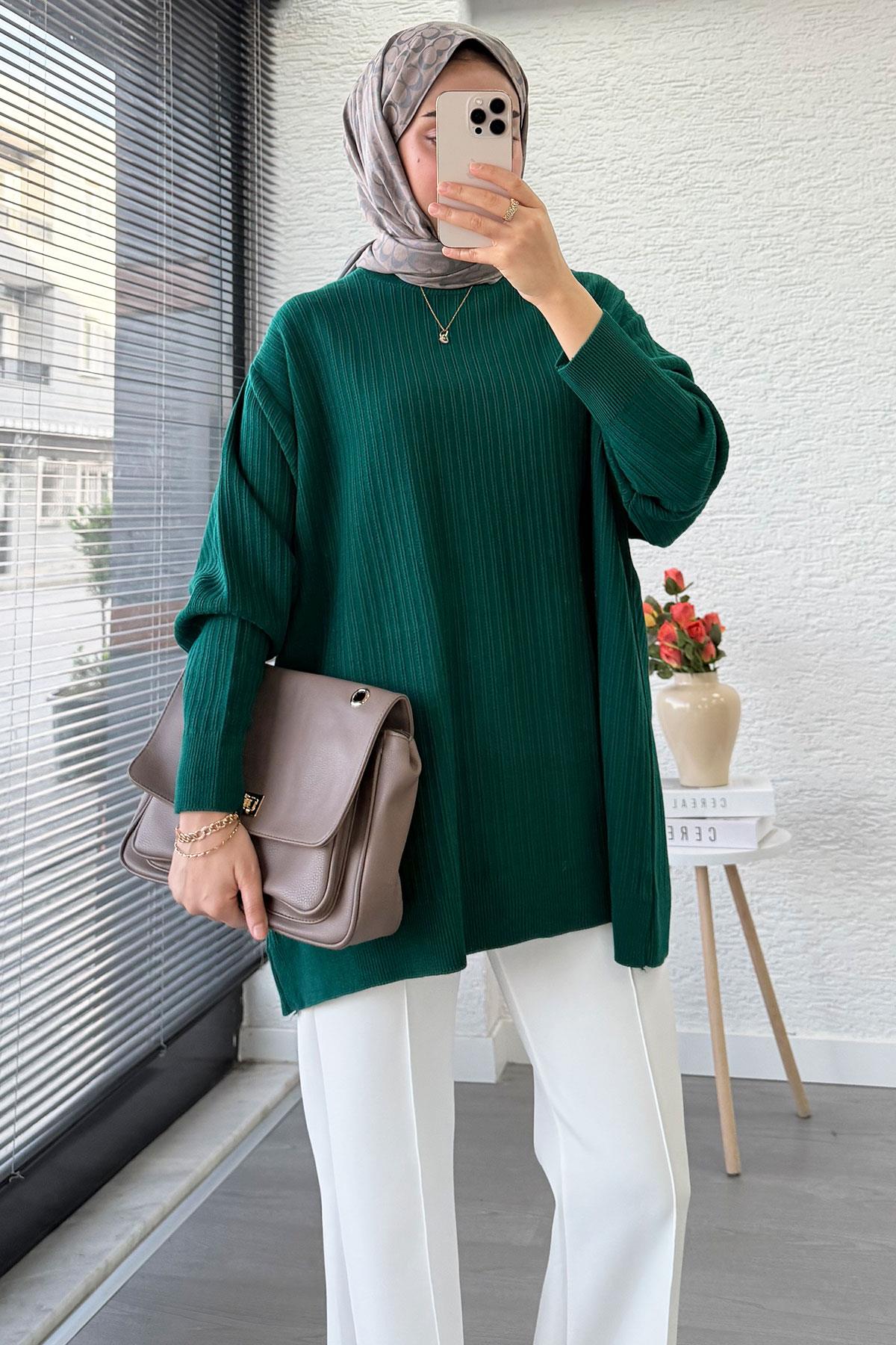 Fitilli Oversize Kadın Kazak - Zümrüt