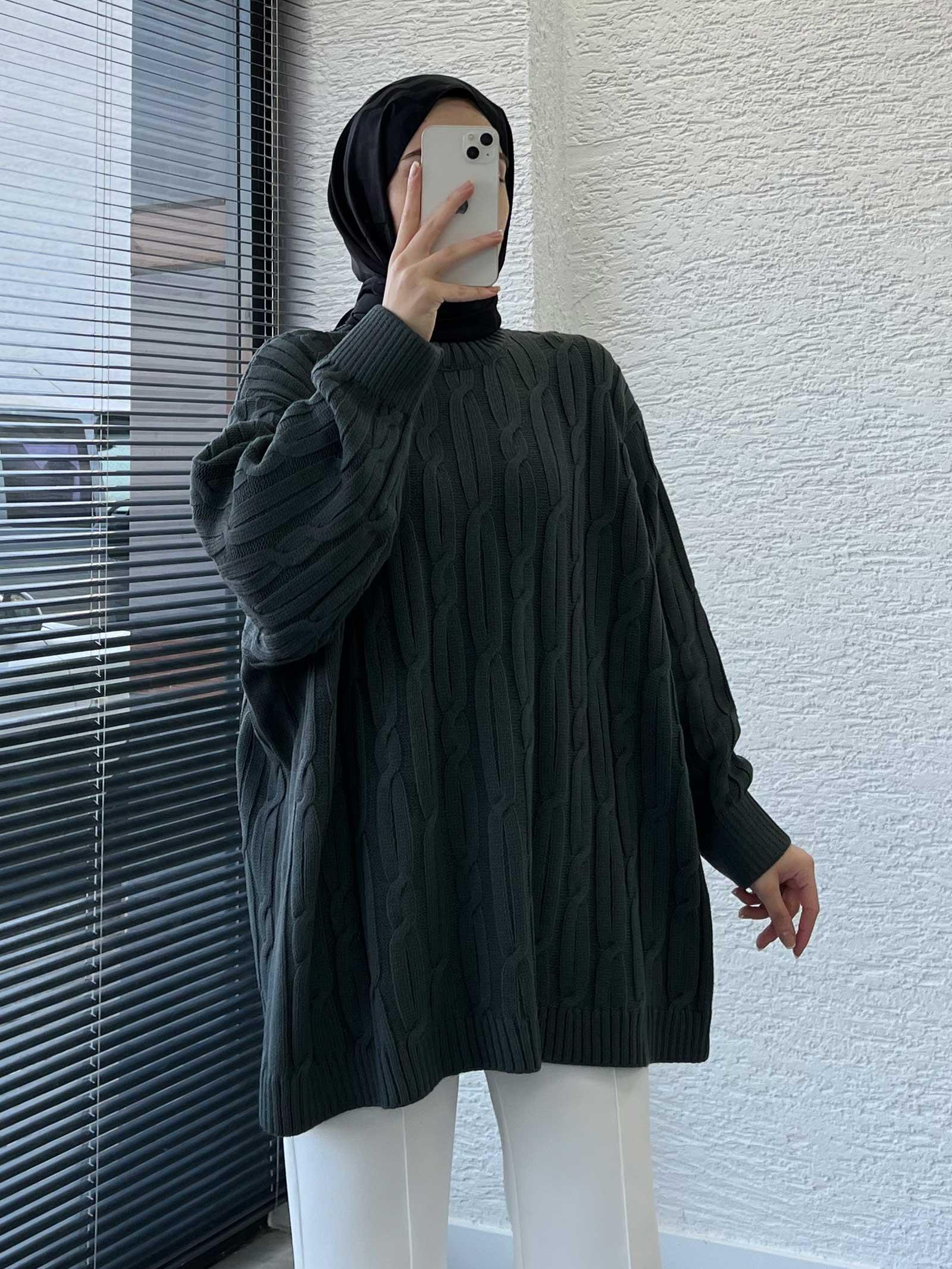 Füme Örgü Desen Oversize Kadın Kazak