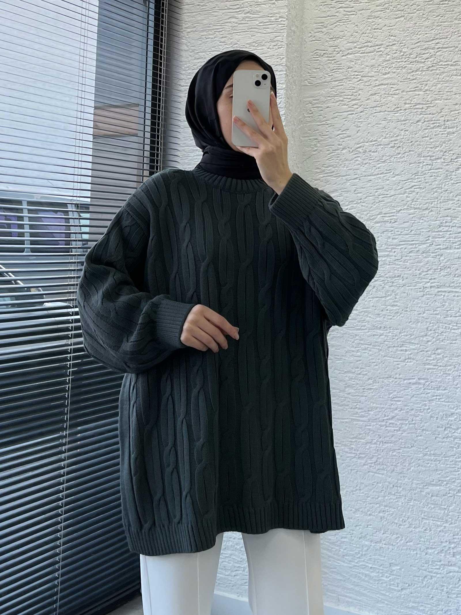 Füme Örgü Desen Oversize Kadın Kazak