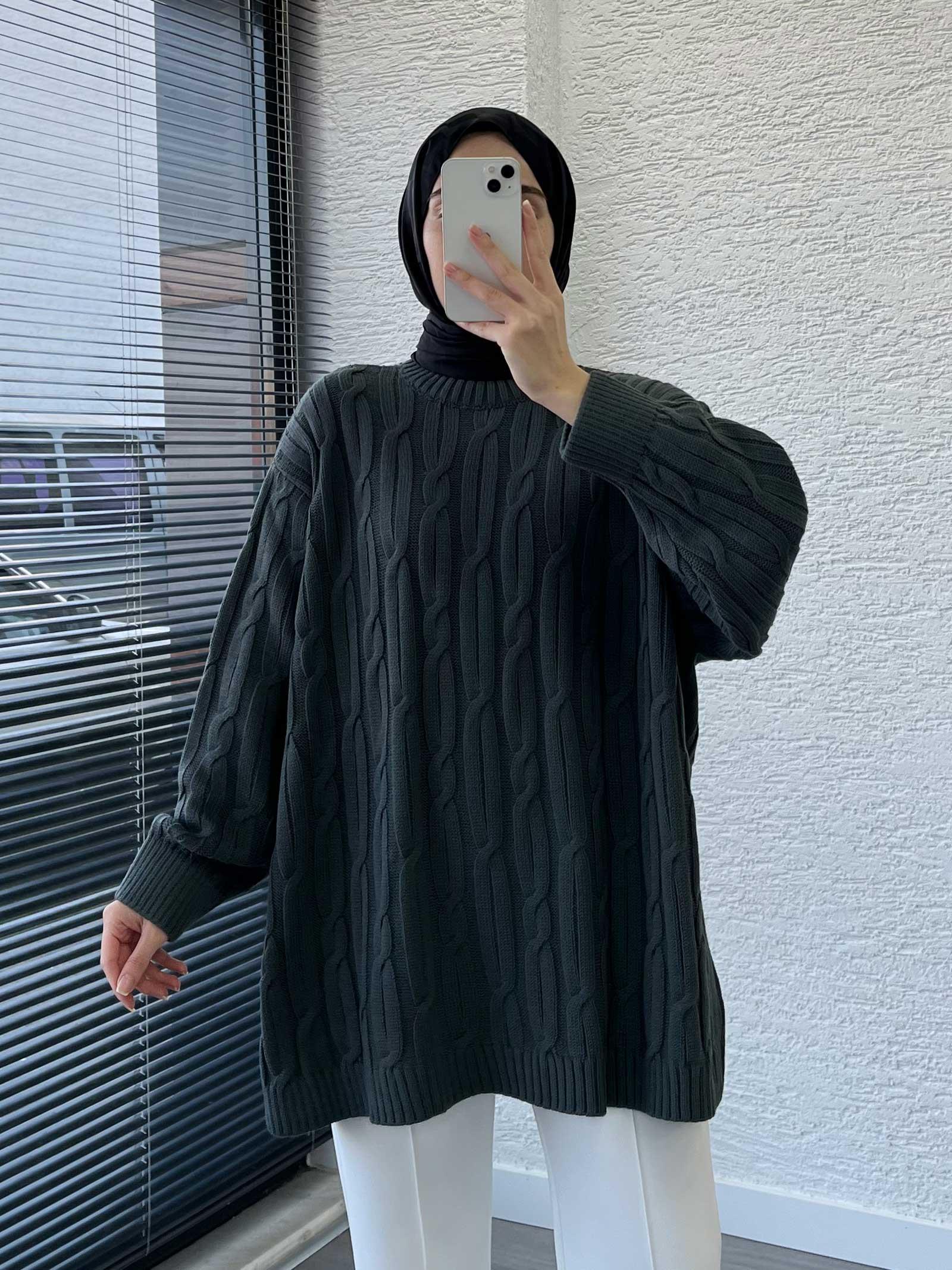 Füme Örgü Desen Oversize Kadın Kazak