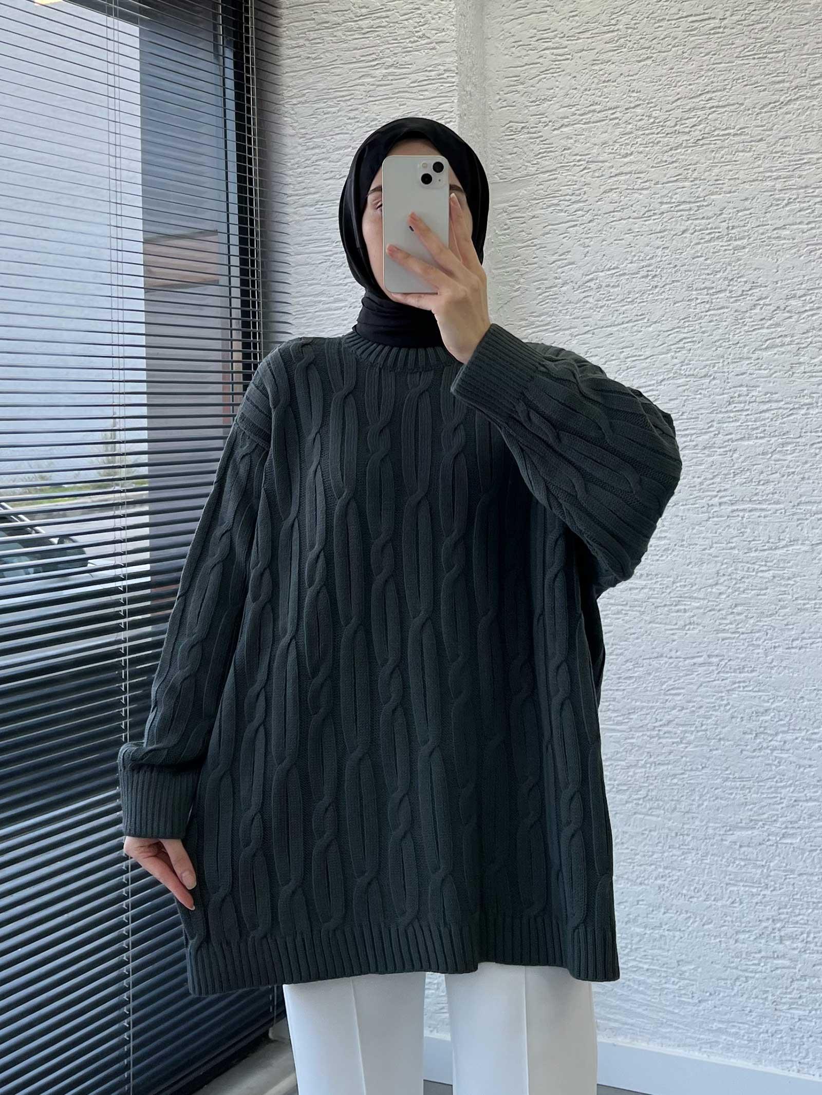 Füme Örgü Desen Oversize Kadın Kazak