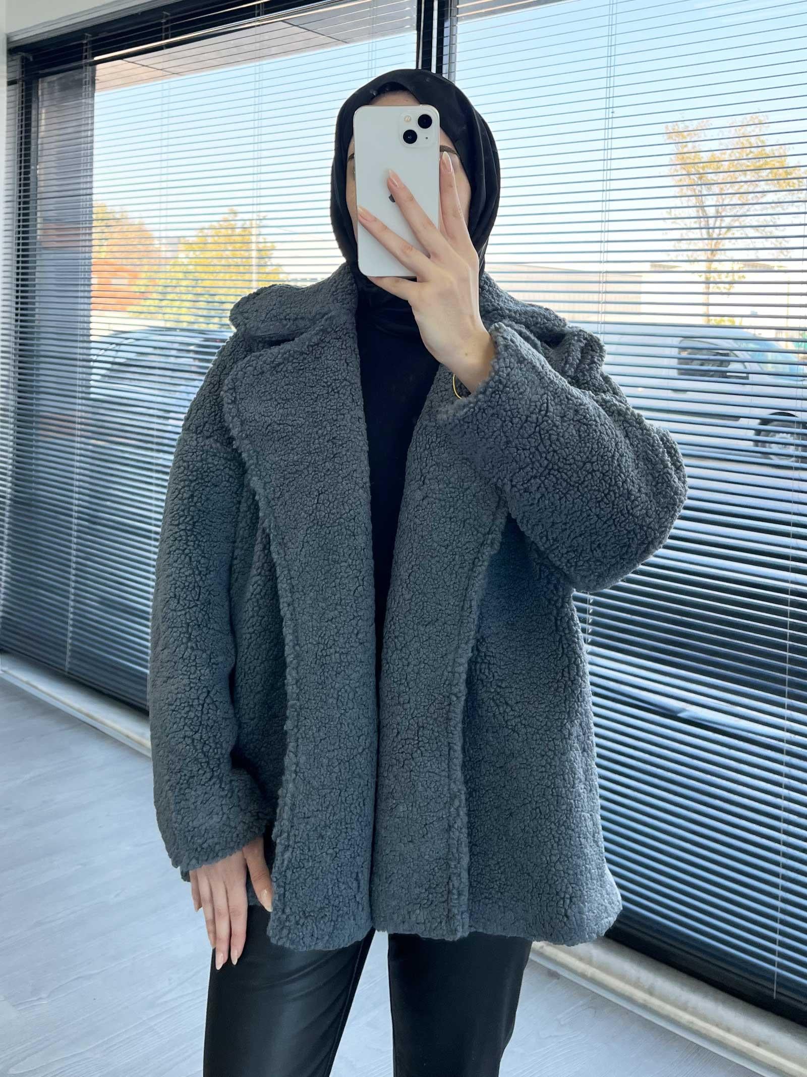 Füme Oversize Yumuşak Dokulu Kısa Kadın Teddy Kaban